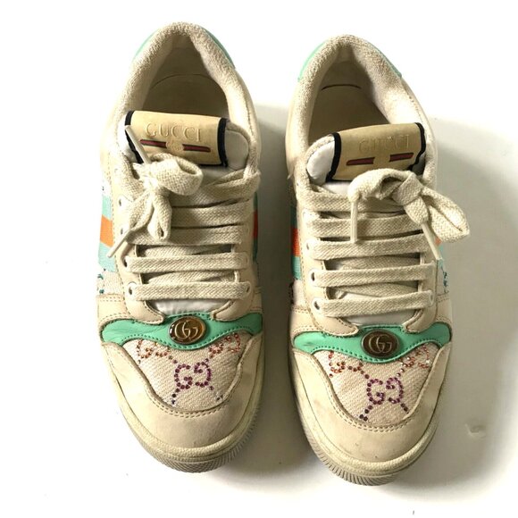 Gucci GG Screener Panelled Leather Trainers Sneakers Womens 36 6 Cream Green - Picture 4 of 11